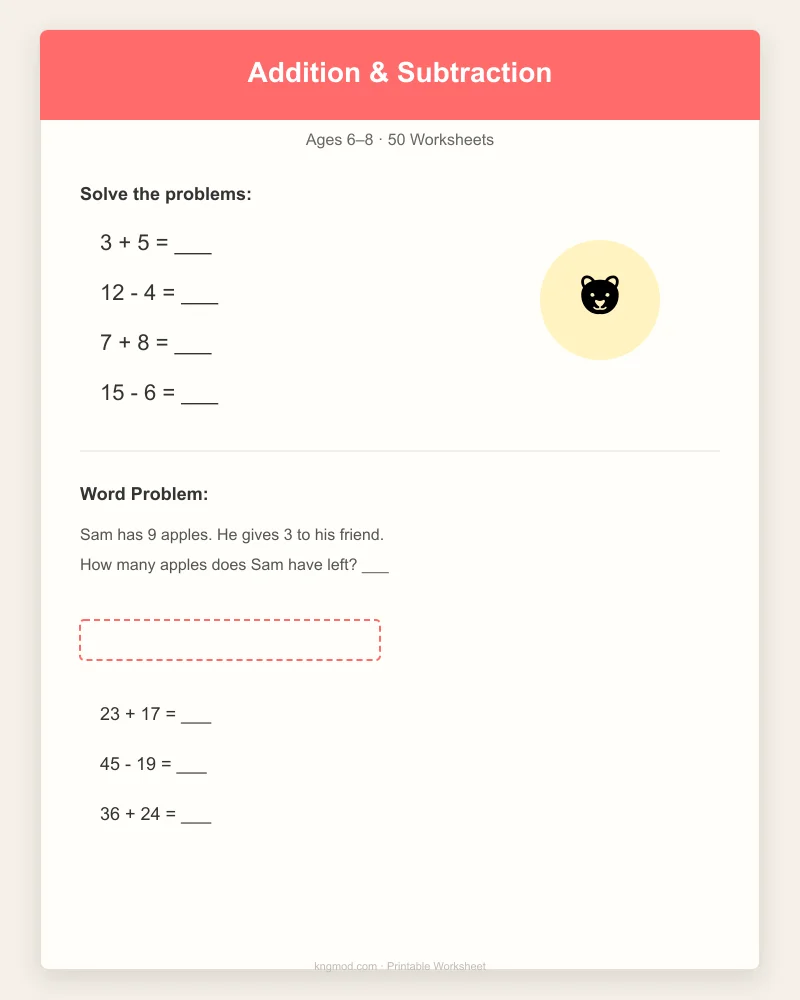Preview of Addition & Subtraction Fun Pack — 50 Printable Worksheets