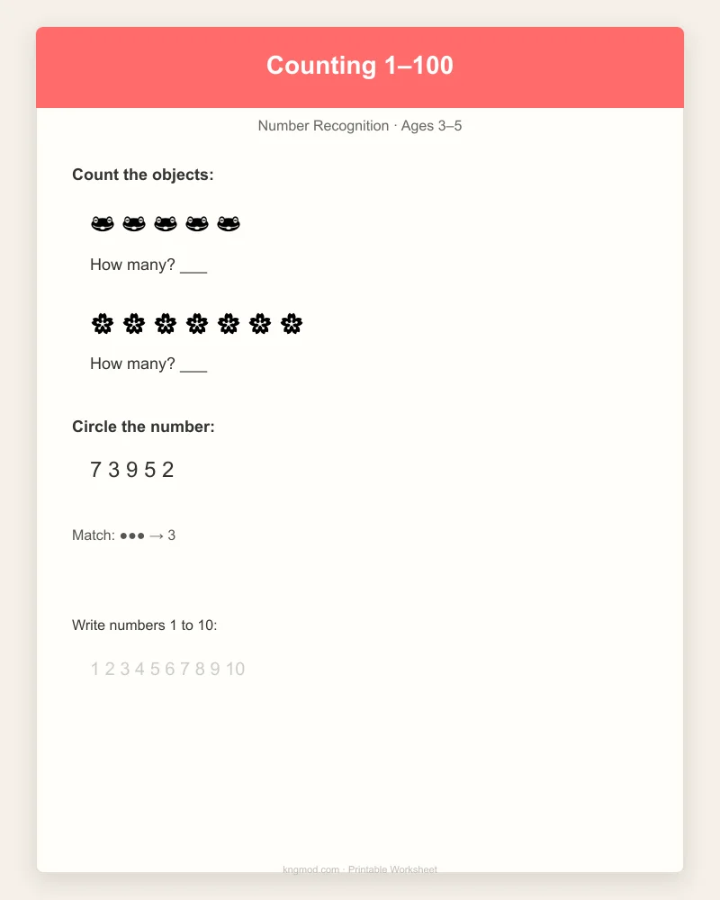 Preview of Counting & Number Recognition — 1 to 100 Fun Sheets