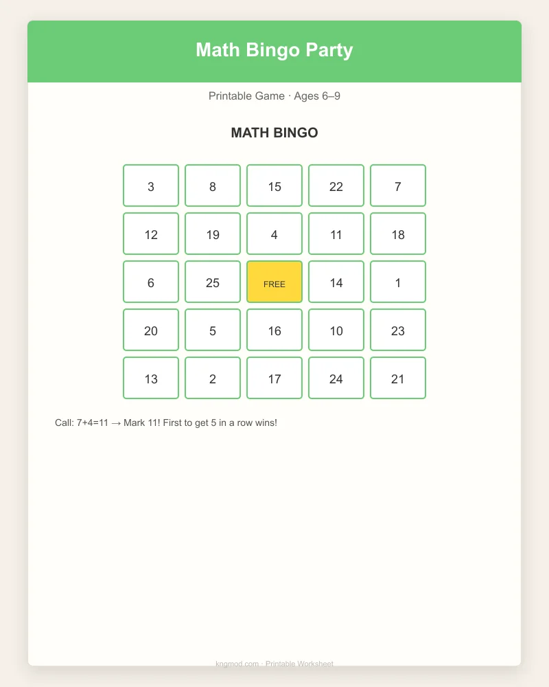 Preview of Math Bingo Party — Printable Game Sheets for Groups