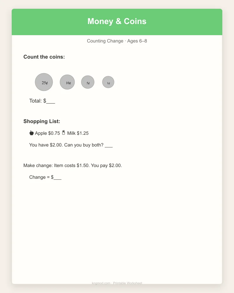 Preview of Money & Coin Counting — Dollars, Dimes, Nickels & Pennies