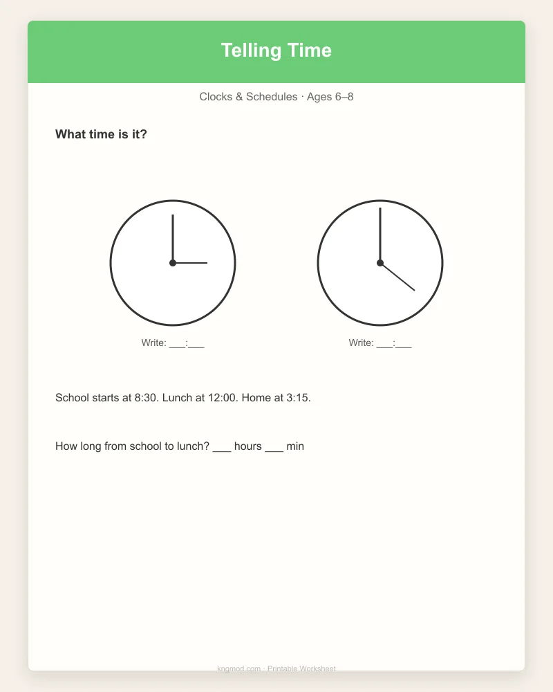 Preview of Telling Time Workbook — Clocks, Hours & Minutes